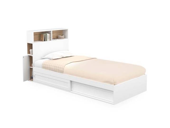 IDMarket - Einzelbett Clem mit Stauraum, Kopfteil und Lattenrost 90 x 190 cm Weiß und Buche