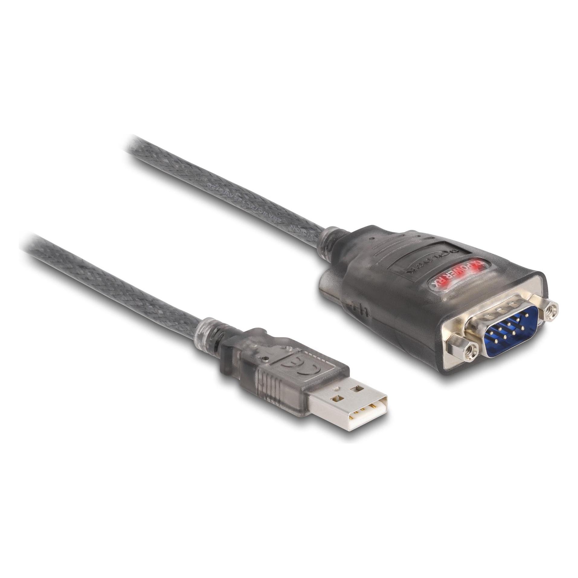 Delock Adapter USB 2.0 Typ-A zu 1 x Seriell RS-232 D-Sub 9 Pin Stecker mit Muttern mit 3 x LED 3 m (3 m) (61548)