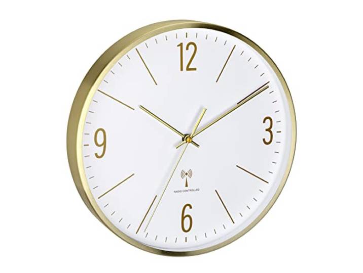 TFA Dostmann Analoge Funk-Wanduhr, 60.3534.55, 30cm, Goldener Metallrahmen, leises Uhrwerk, modernes Design, mit Glas-Abdeckung, Gold