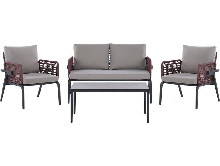 BELIANI Lounge Set Schwarz und Burgunderrot Aluminium Stahl u. Flechtseil mit Kissen Grau Couchtisch gesinterte Steinplatte 4-Sitzer Terrasse Outdoor