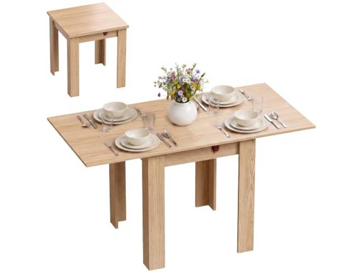 HOMCOM Klappbarer Esstisch für 4 Personen Führung 140x70x77cm Eiche Klappbarer Küchentisch, Stahlführungen, platzsparend, für Wohn- und Esszimmer