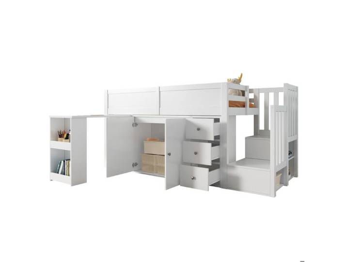 Lit mezzanine enfant 90x200cm avec bureau extensible armoire tiroir et rangements MDF blanc