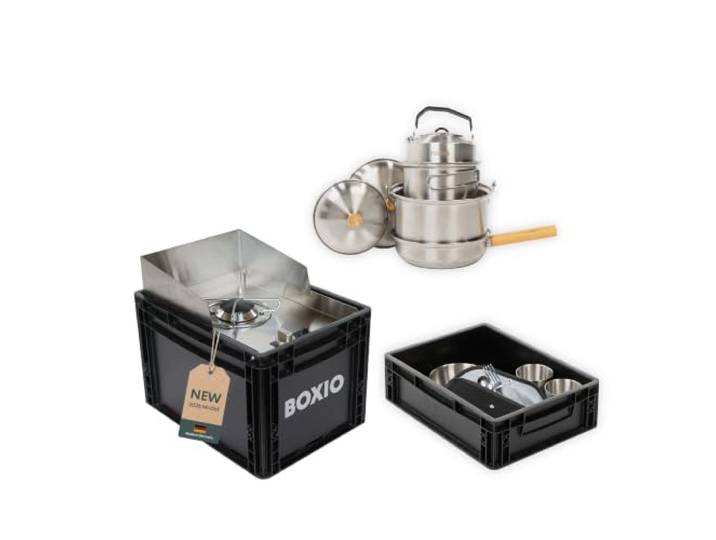 BOXIO - COOK Max+: Campingkocher Komplettset mit Stauraum & Windschutz Campingtopfset & Camping Geschirr, Gaskartuschen Campingkocher für Camping, Outdoor, Vanlife & als Kartuschenkocher