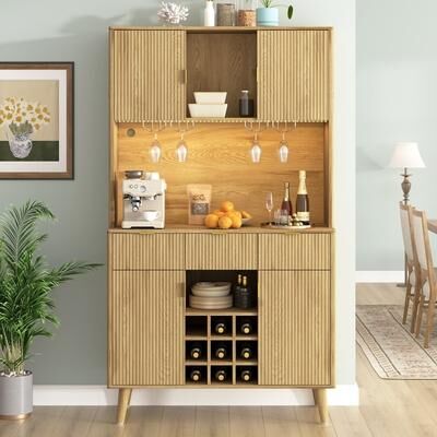 "72.2"" H Wine Kitchen or Bar Cabinet with Electrical Outlet and LED Light Nine-Grid Wine Rack for Kitchen, Dining Room - N/A"