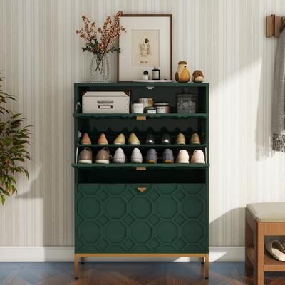 Clihome Shoe Organizer 24 Pairs Wood Shoe Storage Cabinet with Drawers
