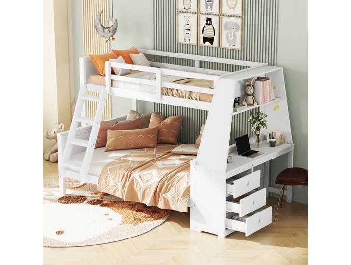 ULEVR Lit mezzanine enfant avec bureau intégré bibliothèque et rangement blanc 90x200 cm + 140x200 cm