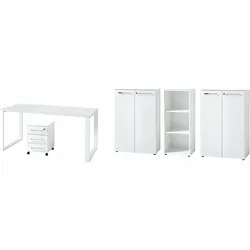 Büro-Set MUENCHEN 5-teilig weiß   Glasfront Abschließbar   Schreibtisch, Container, 2 Schränke, Regal