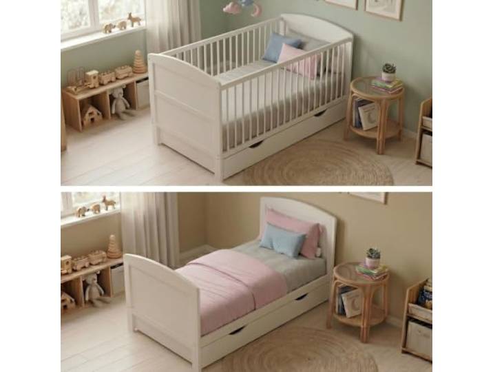 Babybett 60x120 umbaubar mit Schublade und Matratze Gitterbett Kinderbett höhenverstellbar & herausnehmbare Sprossen weitere Größe: 70x140cm 60x120cm: von Geburt bis 3. Lebensjahr, Weiß