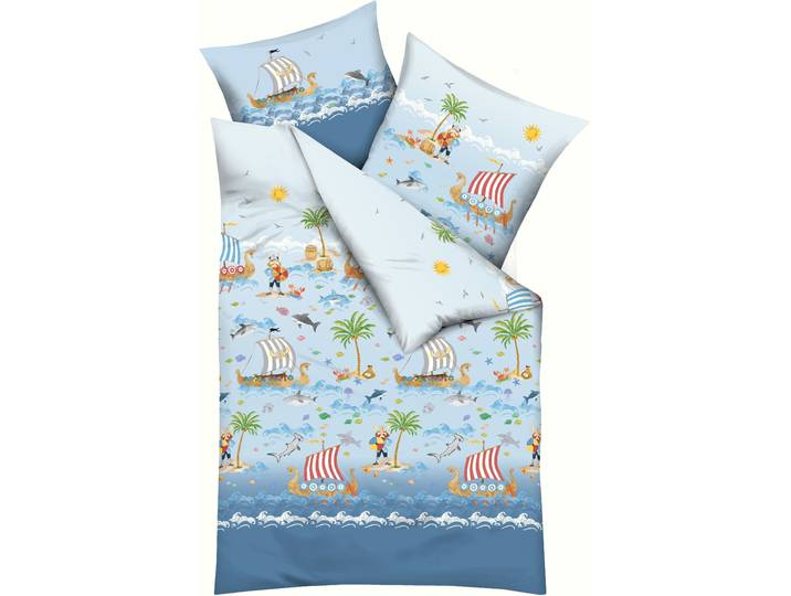 Kinderbettwäsche KAEPPEL Wikinger , blau, B/L: 100cm x 135cm, 1 Stk., 1 Stk., Feinbiber, B/L: 40cm x 60cm, 2 Stk., Feinbiber, Obermaterial: 100% Baumwolle, Bettwäsche, Kinderbettwäsche, angenehm wärmend