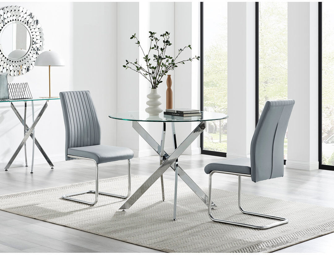 Canora Grey Tierra Modern Chrome Metal & Glass Round Dining Table Set with 2 Upholstered Faux Leather Chairs Grey 2