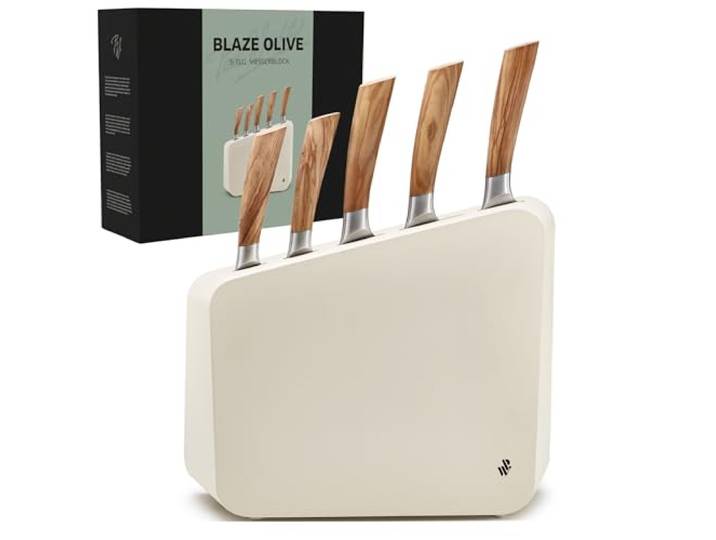 Paul Wirths BLAZE Messerblock 5-tlg., Olivenholzgriffe, MOV-Klingenstahl asymmetrisches Gummibaumholz-Design, Kochmesser, Tranchiermesser, Brotmesser, Allzweckmesser, Gemüsemesser