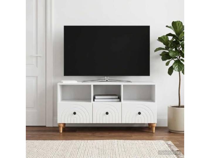 TV-Schrank 102 x 34,5 x 50 cm Hochglanz Weiß Holzwerkstoff mit Schubladen Moderne Optik, gestreiftes Randmuster, Regale und Schubladen, flexible Aufbewahrung, pflegeleichte Oberfläche