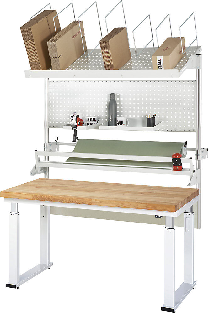 Packtisch komplett 600, elektrisch höhenverstellbar, Set 3 mit Lochplatte, Schneidgerät, Abrolleinheit, BxT 1500 x 700 mm, Buchenplatte RAU