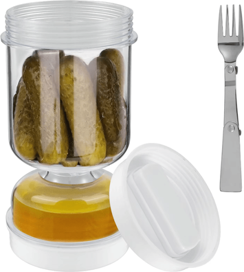 Inspire Curations PickleFlow Hourglass Pickle Jar With Fork Dry & Wet Food Separator Container transparent