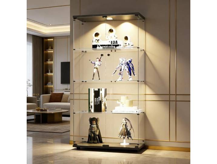 Vitrine en Verre LED Armoir de Vitrine pour Collection avec 2 Portes et 4 étagères en Verre ESG pour Bar Salon 164x80x36cm Noir
