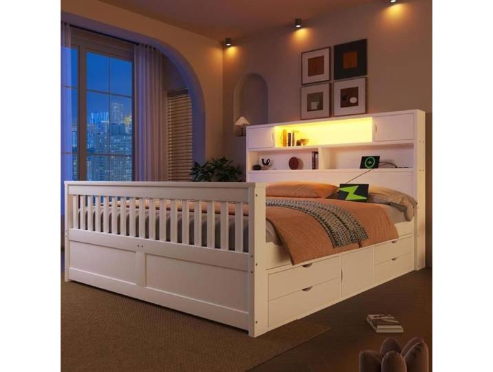 Lit plateforme - KOMHTOM - 160x200 cm - 4 tiroirs + rangements - LED intégrée - USB