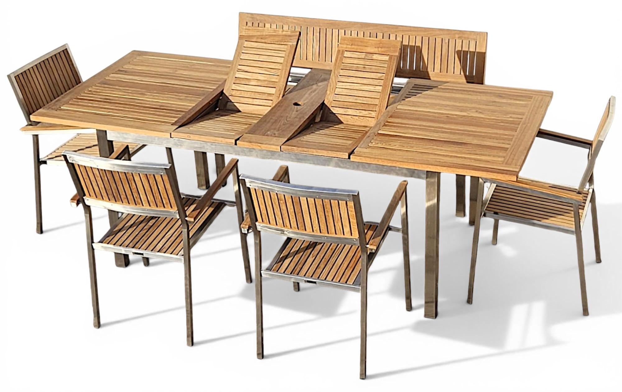 ALEOS. Gartengarnitur Edelstahl Teak Set mit Ausziehtisch 160/220 x 90 cm + Gartenbank 140cm + 4x Teak Sessel A-Grade Teak Holz Serie KUBA Gastroqualität