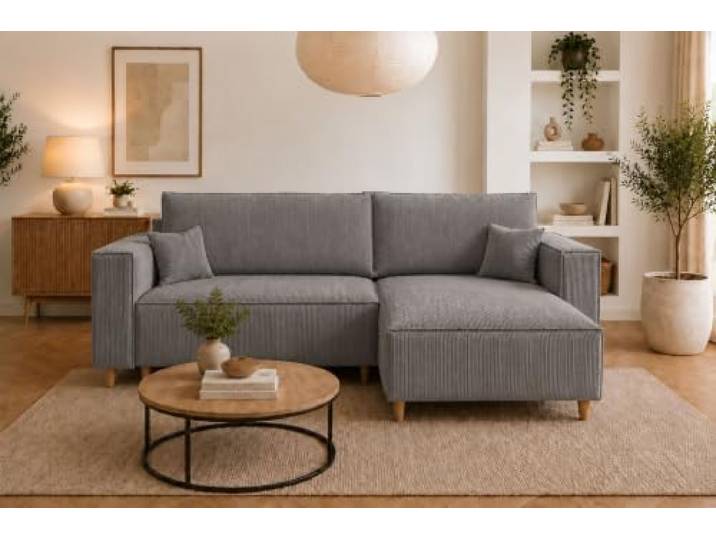 MARPUR Ecksofa mit Schlaffunktion & Bettkasten – Cord Dunkelgrau – 249x142 cm – Eckcouch L-Form – Schlafsofa Wohnlandschaft – Ottomane Universal – Couch