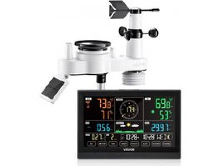 VEVOR 7-in-1-Wetterstation Funk, 7,5-Zoll-Display, solarbetriebener Außensensor, Regenmesser, für Wettervorhersage, Temperatur, Luftfeuchtigkeitsmesser, Windgeschwindigkeit & -richtung (kein WLAN)