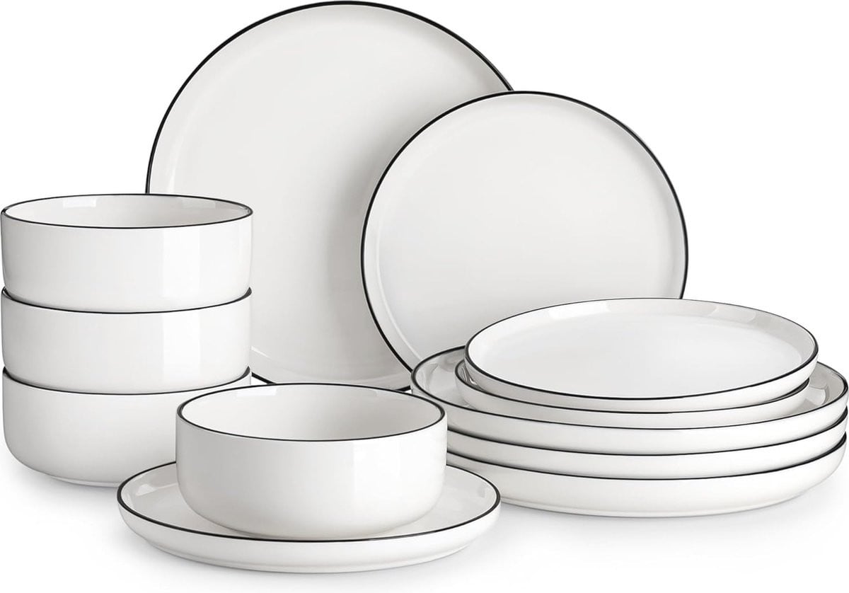 12-delig porseleinen tafelservies set voor 4 personen - wit met zwarte rand - combiservies