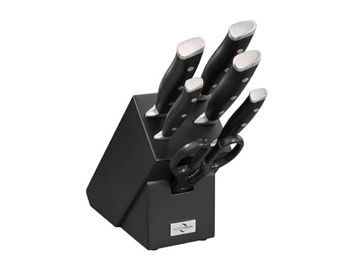 KÜCHENPROFI Messerblock PRIMUS CLASSIC 7-tlg., gehärteter Klingenstahl bestückter Holzblock in Schwarz, X50CrMoV15-Stahl, ergonomischer Kunststoffgriff, inkl. Vielzweckschere, Pflegehinweise