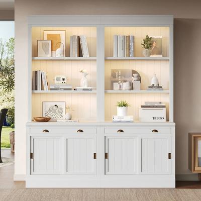 "Modern 83.4""Tall Bookshelf Unit with LED Lighting, Storage Bookshelf Bookcase Suite with 2 Sliding Doors"
