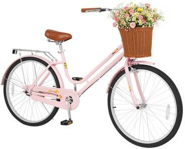 Costway 26 Inch Beach Cruiser Bike for Women with Woven Basket and Rear Rack - Pink