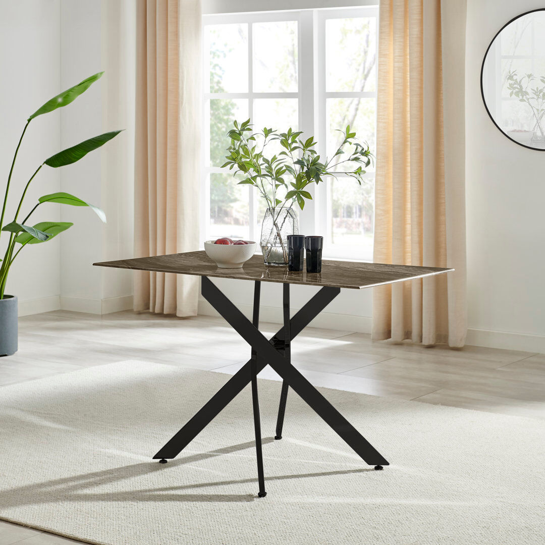 Canora Grey Lenworth Luxury Marble Effect Glass 4 Seater Dining Table - Modern Statement Design Black/Grey