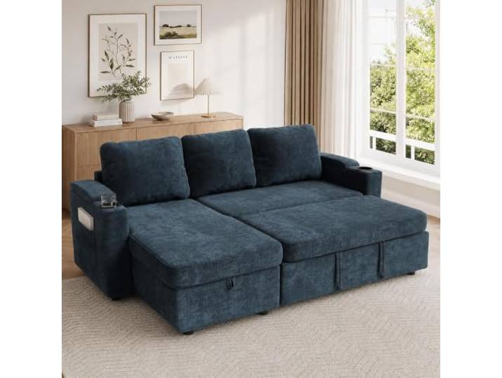 JUMMICO Schlafsofa mit Schlaffunktion 3-Sitzer mit Stauraum,Navy Blue Schlafsofa mit Bettkasten L‑Form Ecksofa Ausziehbares Chenille Schlafcouch Kleines für Wohnung und Wohnzimmer