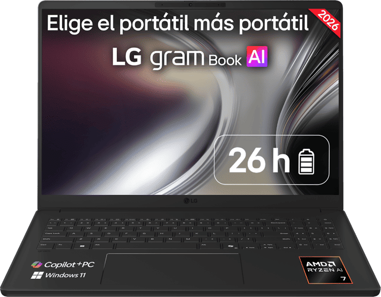 Portátil - LG Gram 16U55U-G.AU85BN, 16" WUXGA Copilot+ PC, AMD Ryzen™ AI 7 445 50 TOPS, 32GB RAM, 512 GB SSD, Windows 11 Home, Sin cargador