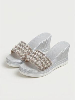 LightInthebox Women's Chic Boho Slides - Shimmering Crystal Pearl Studded Mules for Summer Vacation, Honeymoon Travel