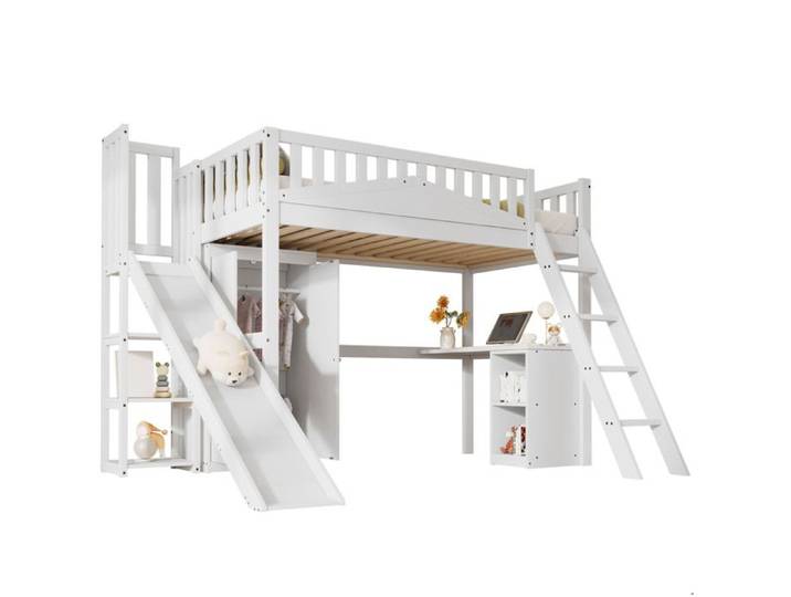 Lit combiné enfant 90x200cm blanc avec protection bureau intégré armoire et rangement en MDF et pin