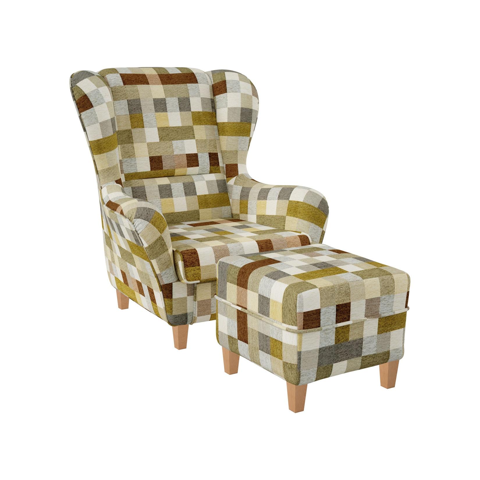 Supellex Sofia Ohrensessel mit Hocker Design kariert Beige-Ocker