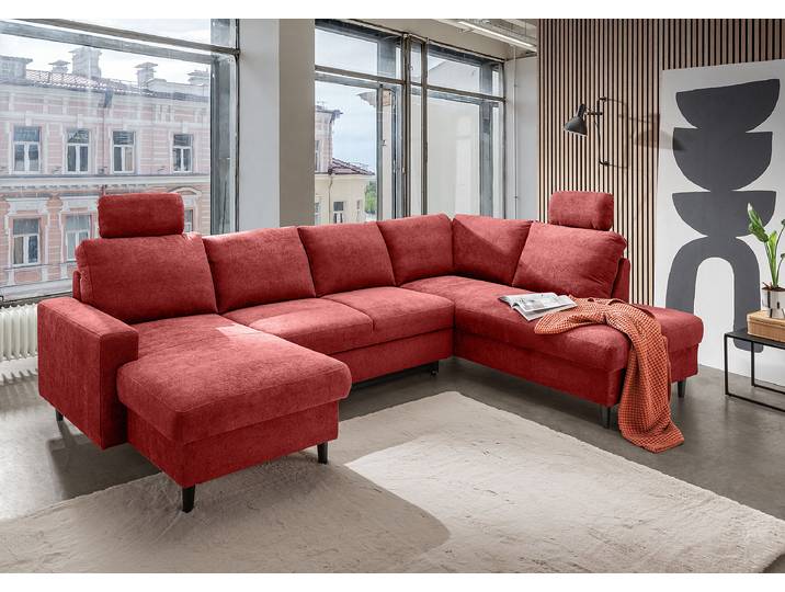 Wohnlandschaft mit Schlaffunktion Rot Webstoff Jimin 305 x 88 x 200cm Longchair davorstehend links / Ottomane rechts mit Schlaffunktion Modern
