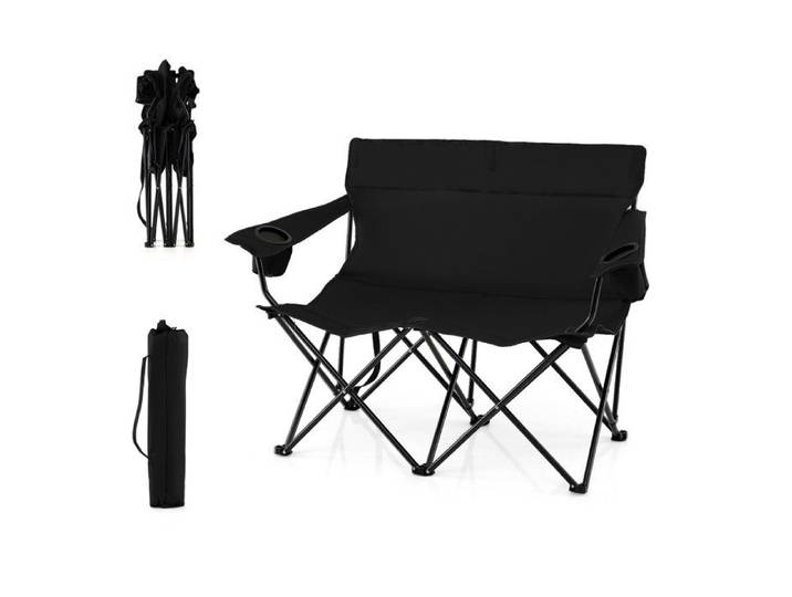 COSTWAY Chaise Pliable de Jardin 2 Places Porte-Gobelets Sac de Transport pour Camping Plage Pêche Voyage Charge 300 kg Noir