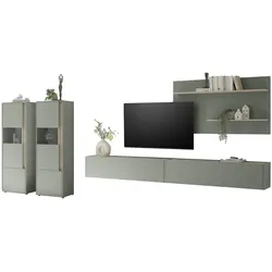 WOHNWAND Salbei grün, Eiche Barista, Wohnkombination Set 5-teilig mit XXL-TV-Schrank 440 cm