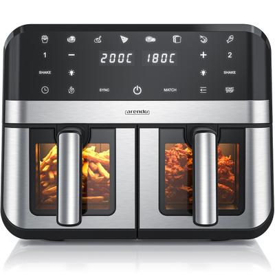 Arendo Heißluftfritteuse XXL Doppelkammer Airfryer, Dual Zone, Sichtfenster mit Beleuchtung, 2400 W, mit Zubehör, Touchscreen, 3D Umluftsystem