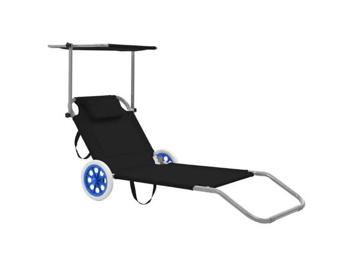 Chaise longue pliable-Bain de soleil avec auvent et roues Acier Noir
