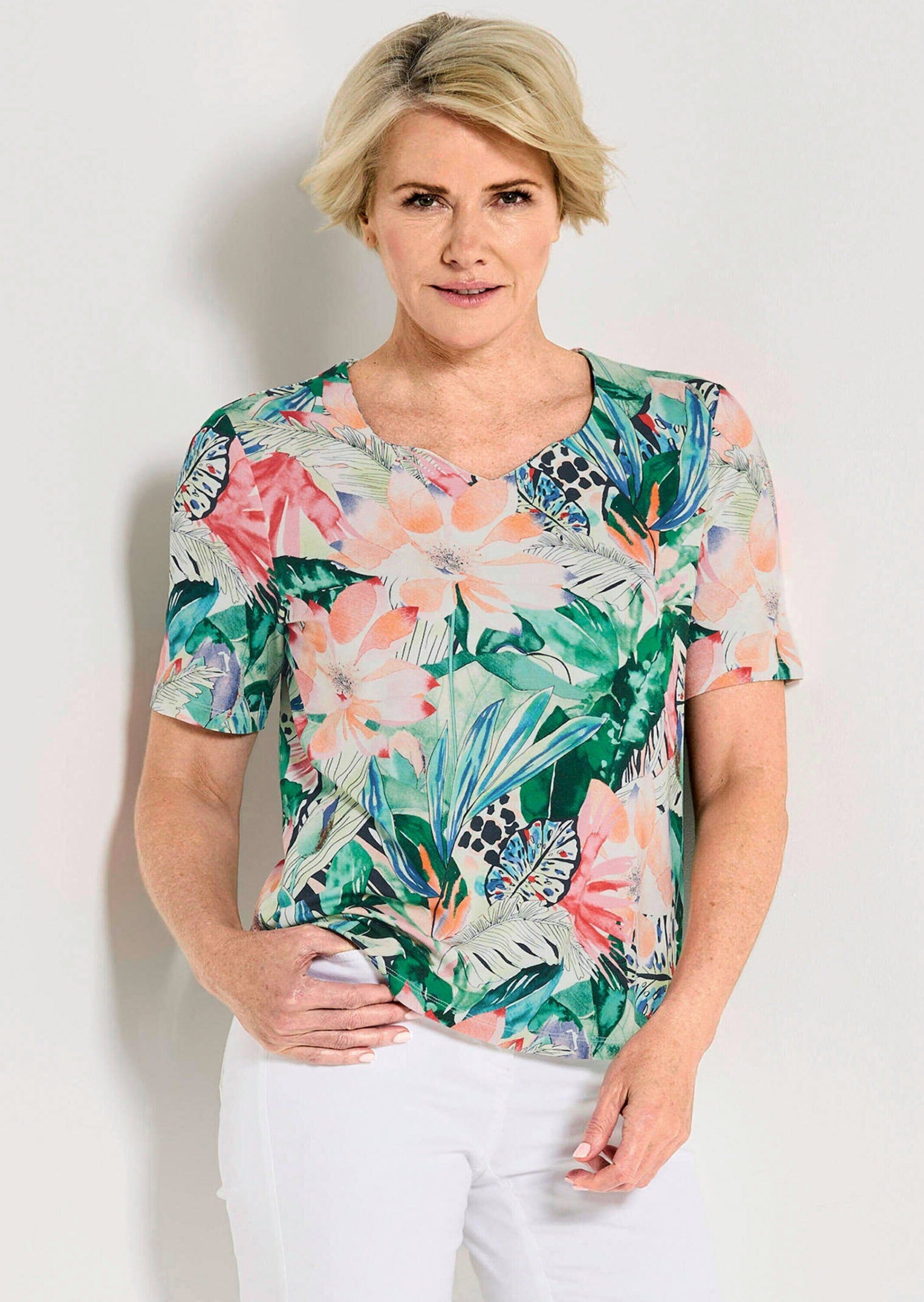 Print-Shirt GOLDNER "Jerseyshirt mit Dschungel-Print", Damen, Gr. 46, bunt (bunt, gemustert), Obermaterial: 95% Viskose CV. 5% Elasthan EL., gerade, Shirts Print-Shirt, stretchbequemer Viskosejersey