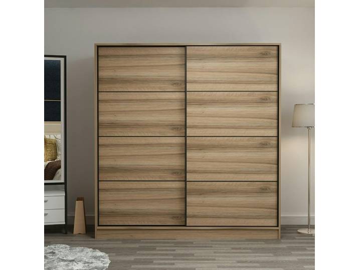 Armoire 2 penderies 6 casiers 2 tiroirs BYRON - Chêne
