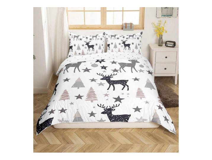 LuxusKollektion Kinderbettwäsche Bettwäsche 155x220cm Hirsch Wald Sterne Grau Weiß