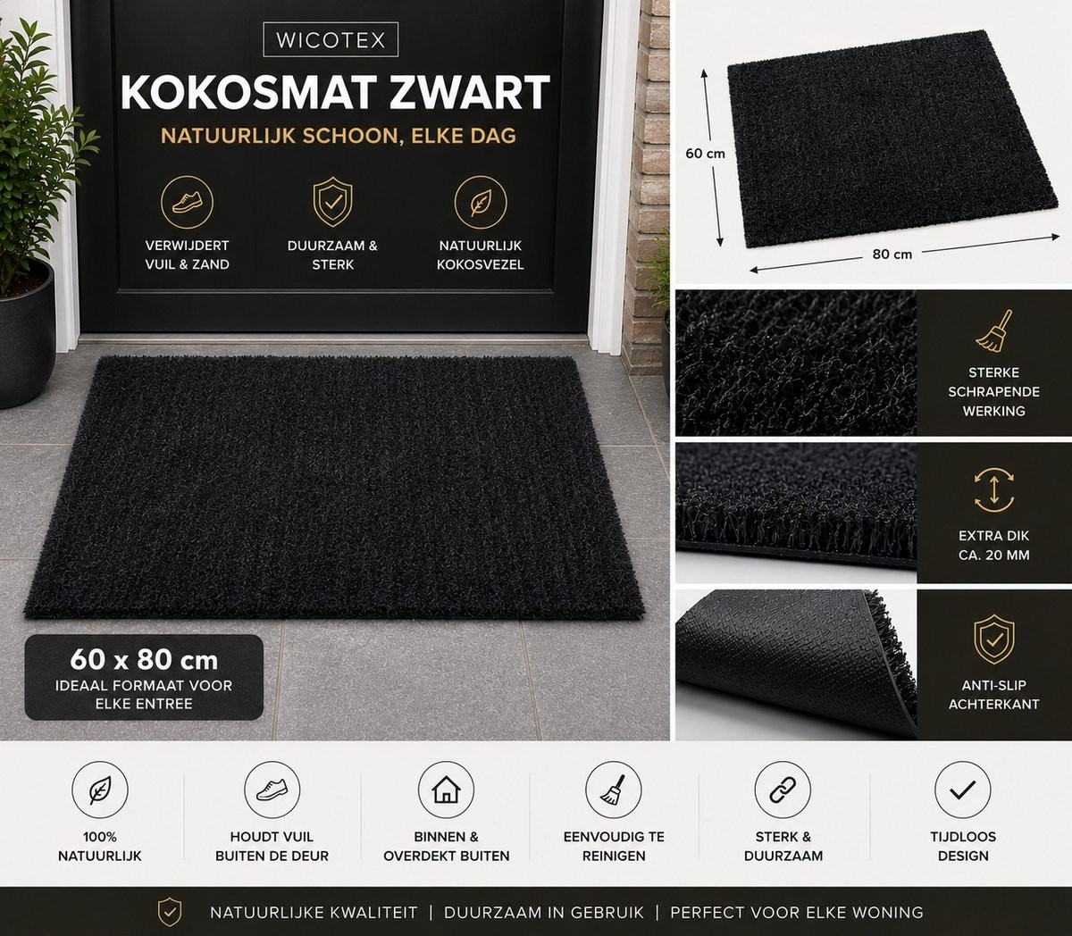 Wicotex Deurmat Kokosmat Schoonloopmat - Zwart - 60 x 80 cm