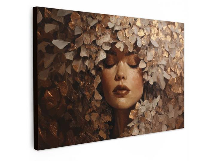LEINWANDBILD Gesicht - Dame - Blätter - Pinselstriche XXL 150x100 cm