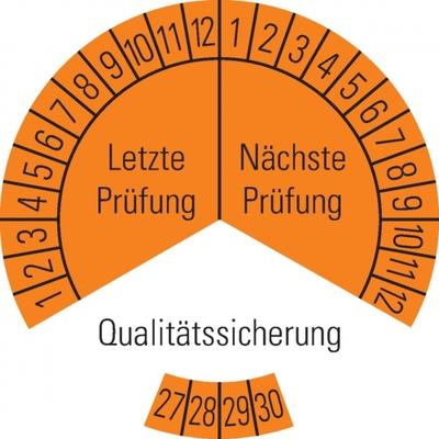 Dreifke® Prüfplakette Qualitätssicherung 27-30,orange,Dokumentenfolie,Ø30mm,18 St/Bogen