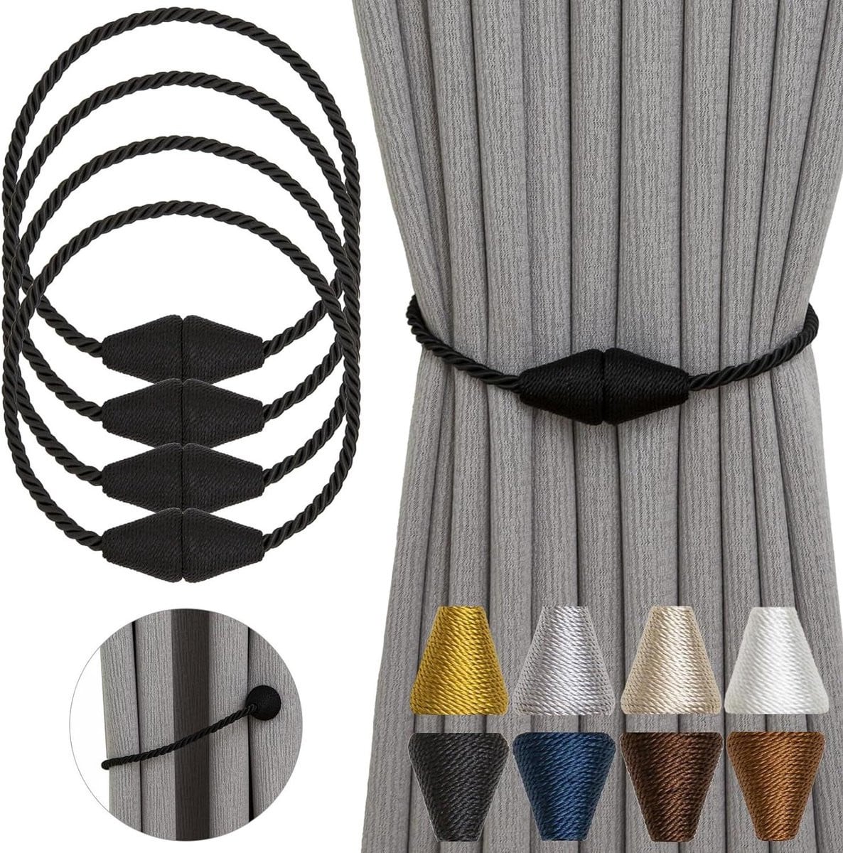 Magnetische Gordijnbinders - 4 stuks - Zwart - Verstelbare Gordijnstrikken met Magnetische Sluiting