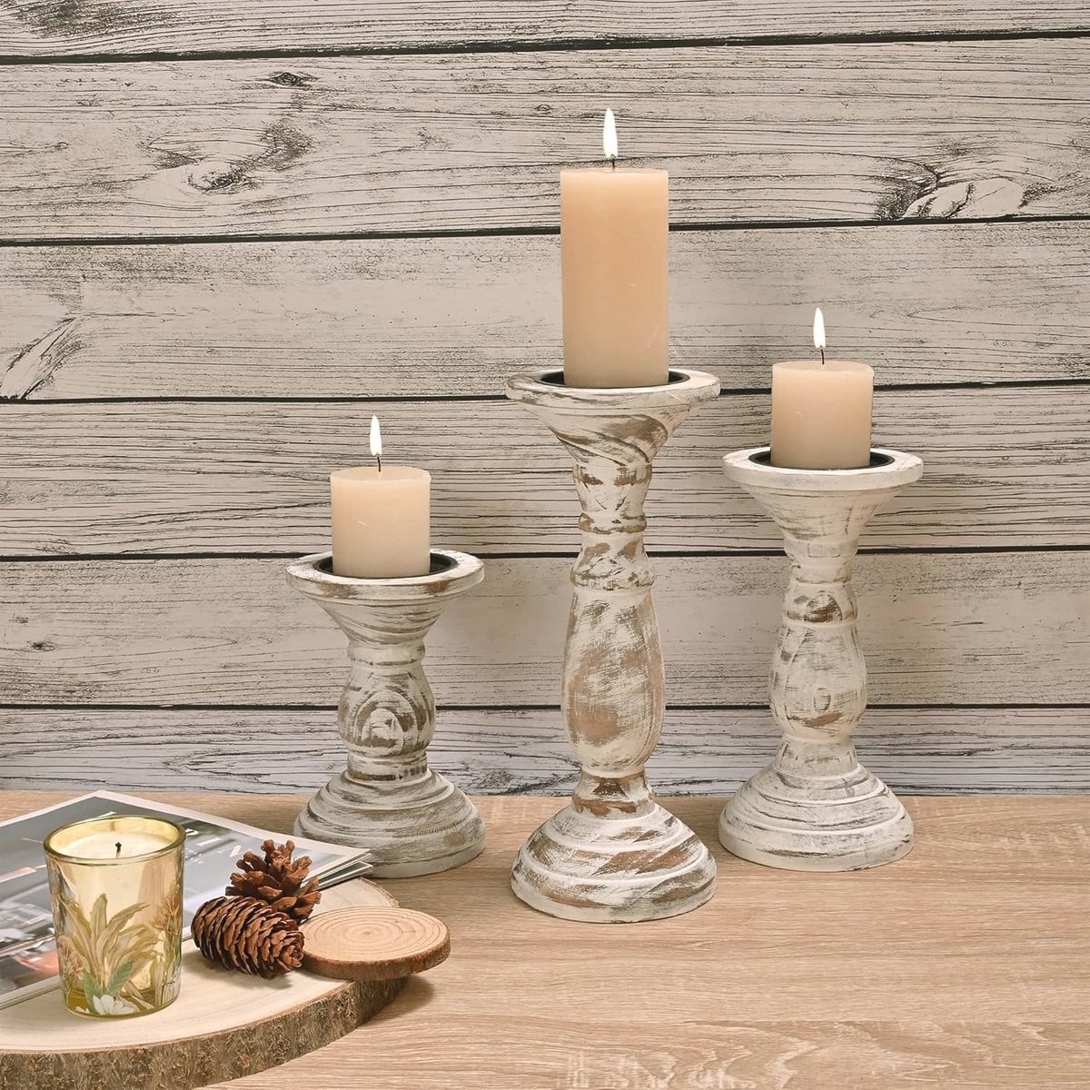 Set van 3 hoge pijler kaarsenhouders voor boerderij decoratie