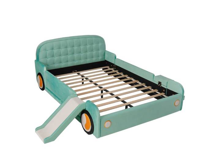 Lit enfant 218.5x247x86 cm Bleu-vert Velours avec toboggan et escalier design voiture