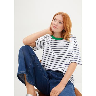 T-Shirt BONPRIX, Damen, Gr. 36/38 (S), weiß (weiß, tiefblau, grasgrün gestreift), Jersey, Obermaterial: 100% Baumwolle, geringelt, gestreift, oversize hüftbedeckend, Rundhals, Shirts T-Shirt, Oversize-Passform, Halbarm-Design, mit Streifenmuster