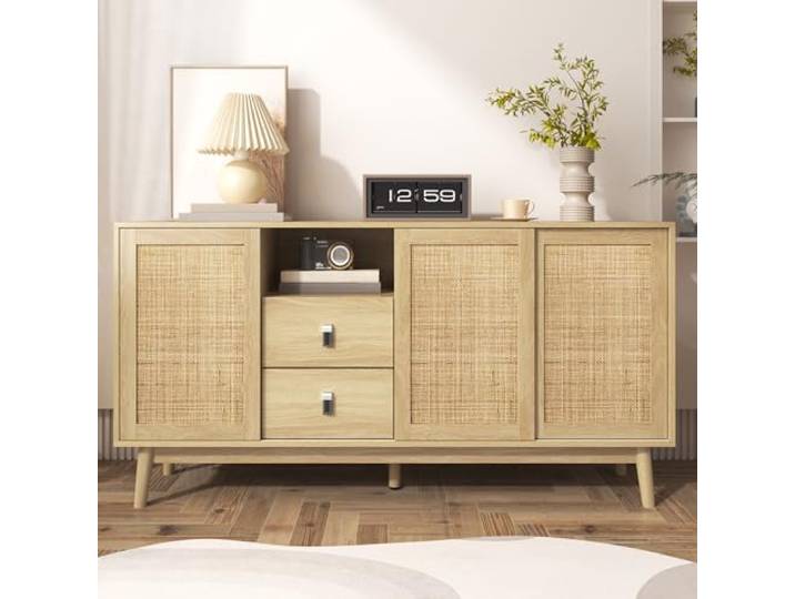 Merax Sideboard 155x38x80 cm, Schiebetüren aus Rattan, MDF Kommode mit Massivholzfüßen, für Wohnzimmer, Schlafzimmer, Flur, Holzfarbe
