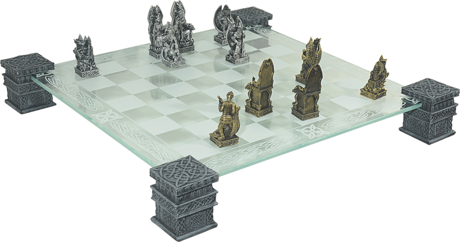 Mayer Chess Schaakspel Koning Arthur goud/zilver met glazen bord